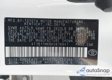 2019 Toyota Camry Se from USA, damaged, VIN 4T1B11HK6KU818941